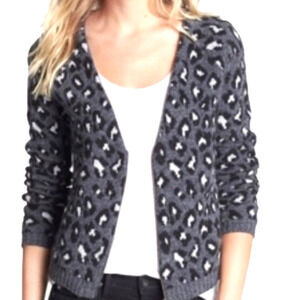New Ella Moss Angora Wool Sweater Jacket S Leopard Print Gray Black Cozy Cabin